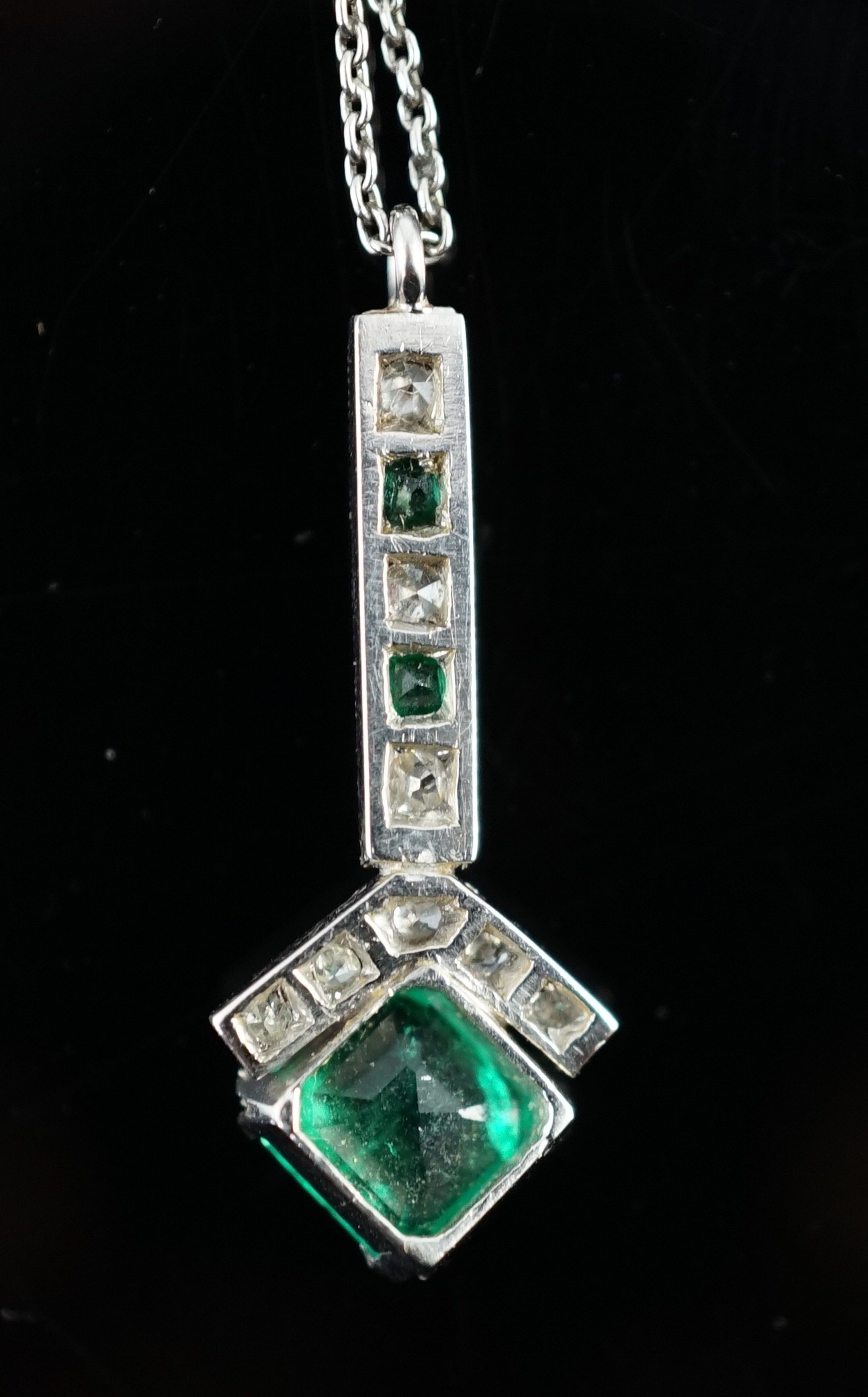 A 1920's platinum?, emerald and diamond set pendant necklace